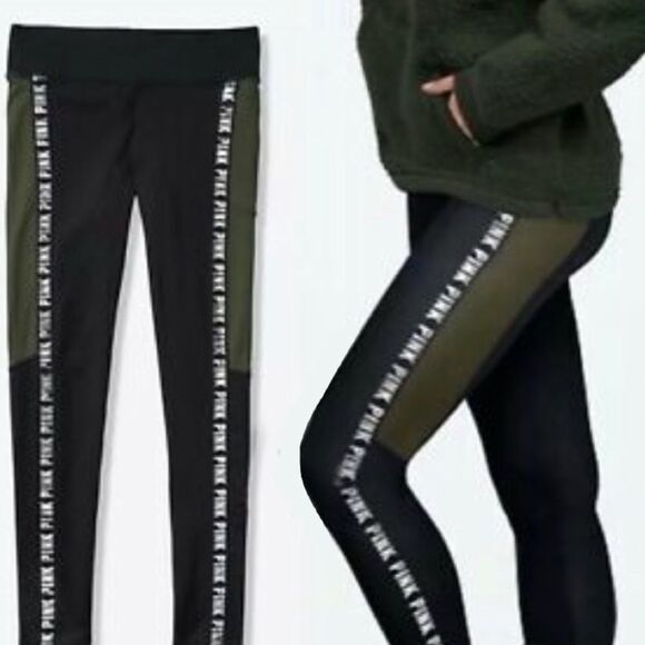 Victoria’s Secret PINK Cozy Ultimate Fleece Lined Olive Yoga Pocket Leggings NWT - Picture 3 of 13